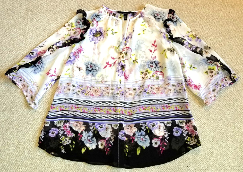 Womens Top-WHITE HOUSE BLACK MARKET-'Floral Remix Ecru' 'Ruffle Detail Blouse'-S